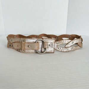 Metallic Distressed Leather Link O-Ring Braided Grommet Belt L Boho Y2K Festival